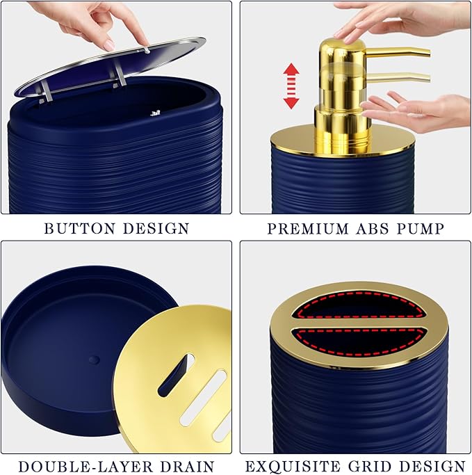 Bathroom Set, 10PC Bathroom Accessory Set, Blue Bathroom Accessories, Navy Blue and Gold Bathroom Set with Trash Can, Soap Dispensers