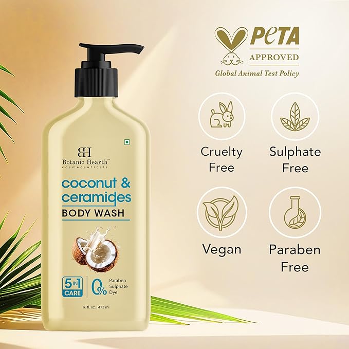 Botanic Hearth Coconut & Ceramides Body Wash – Hydrating Shower Gel for Soft, Smooth Skin, 5-in-1 Gentle Cleanser, Sulfate & Paraben Free – 16 fl oz