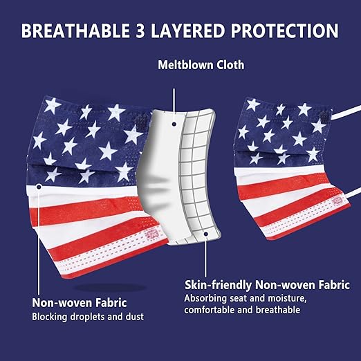 Borje Disposable Face Masks with Designs Patriotic Cute Face Mask 3 Ply USA Flag Print 50 Pcs