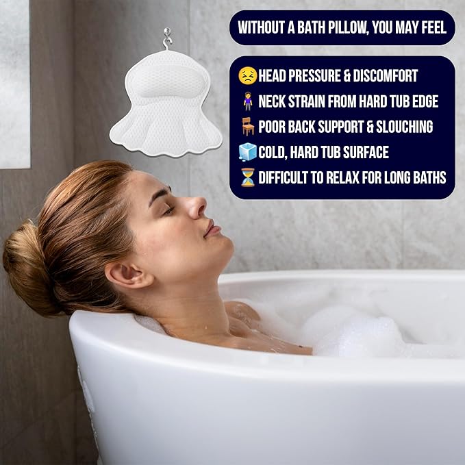 Luxury Bath Pillow for Tub – 4D Air Mesh Cushions with Non-Slip Suction Cups – Extra Soft Bathtub Headrest for Head, Neck & Back Support – Machine Washable Spa Bath Accessories Gift – White