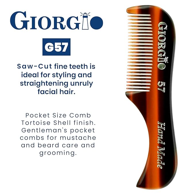 Giorgio G57 Extra Small Men's Fine Tooth Beard and Mustache Comb for Facial Hair Grooming and Styling. Wallet Pocket Comb Beard Comb for Men, Handmade, Saw-Cut and Hand Polished