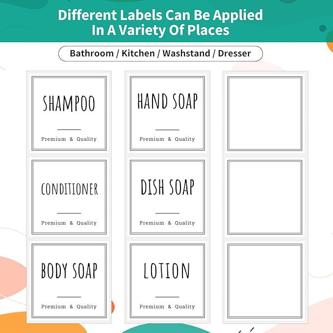 Segbeauty Bathroom Organization Labels, 18pcs Waterproof Soap Dispenser Bottle Label Stickers, White Removable Self-Adhesive Stickers for Shampoo Conditioner Hand Soap Lotion Dish Wash Bottles