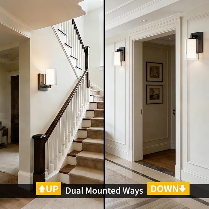 Kalium Wall Sconces Set of Two, Modern Vanity Lights with Double Clear Glass Shade Matte Black Indoor Farmhouse Wall Lights for Bathroom Living Room Bedroom Mirror Hallway Bulb E26 Base (2PCS)
