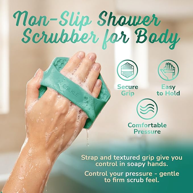 Silicone Body Scrubber – Gentle Exfoliating Shower Scrubber for Body & Bath, Silicone Shower Brush & Loofah Alternative – Non-Slip Silicone Body Brush, Quick Dry, Hygienic - Green