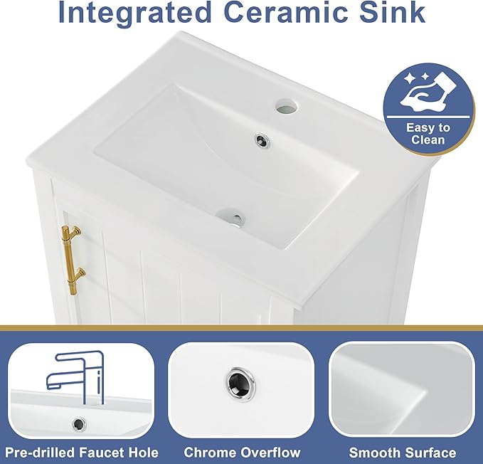 Bellemave 20" Small Bathroom Vanity with Sink, Modern Bathroom Storage Cabinet with Door and Storage Rack, Free Standing Single Basin Vanity with Open Shelf, Undermount Ceramic Sink, White