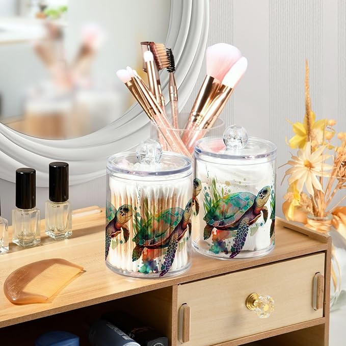 2 Pack Qtip Holder Dispenser for Cotton Ball Turtle Watercolor Cotton Swab Round Pads Clear Plastic Acrylic Jar Set Bathroom Canister