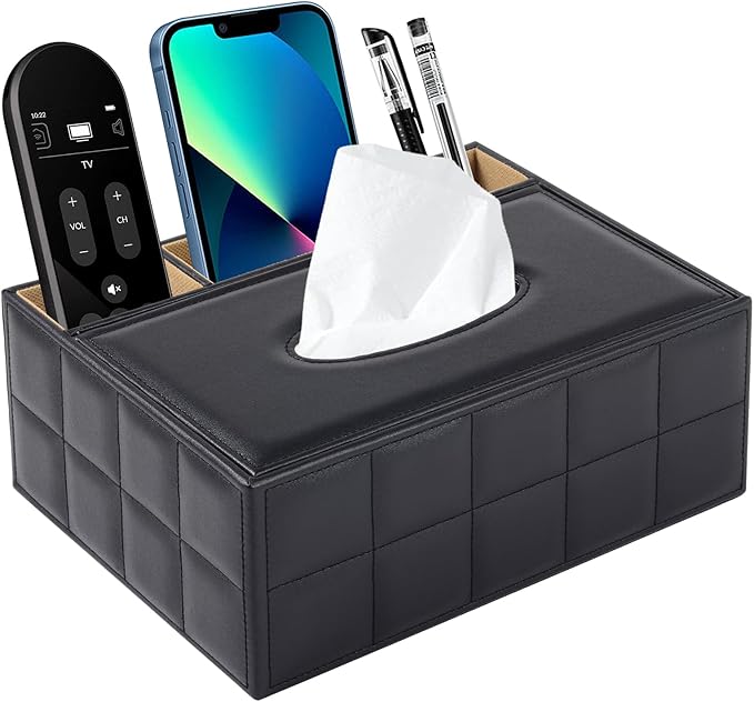 PU Leather Rectangular Tissue Box Cover - Multifunctional Tissue Box Holder with Stationery Remote Control Box, Decorative Tissue Pen Remote Organizer for Home/Office/Restaurant
