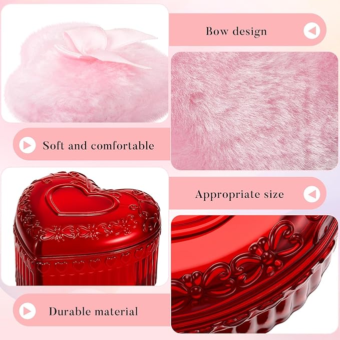 Tioncy 3 Pcs Large Body Powder Puff and Container Valentine's Day gift Powder Container with Puff Crystal Case Soft Washable Reusable Velour Face Body Glitter Wet Dry Makeup(Heart,Red)