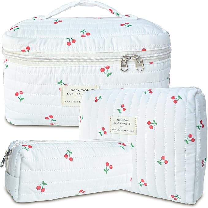 3Pcs Cotton Quilted Makeup Bag Large Travel Cosmetic Bag Coquette Makeup Pouch Cute Aesthetic Floral Toiletry Bag for Women Girls (flower-V)