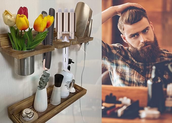 MRPAPA Hair Tool Organizer Wall Mount,2 Layer Rustic Blow Dryer Holder, Wooden Bathroom Organizer Storage Shelf for Hair Tools, Curling Iron, Hot Tools