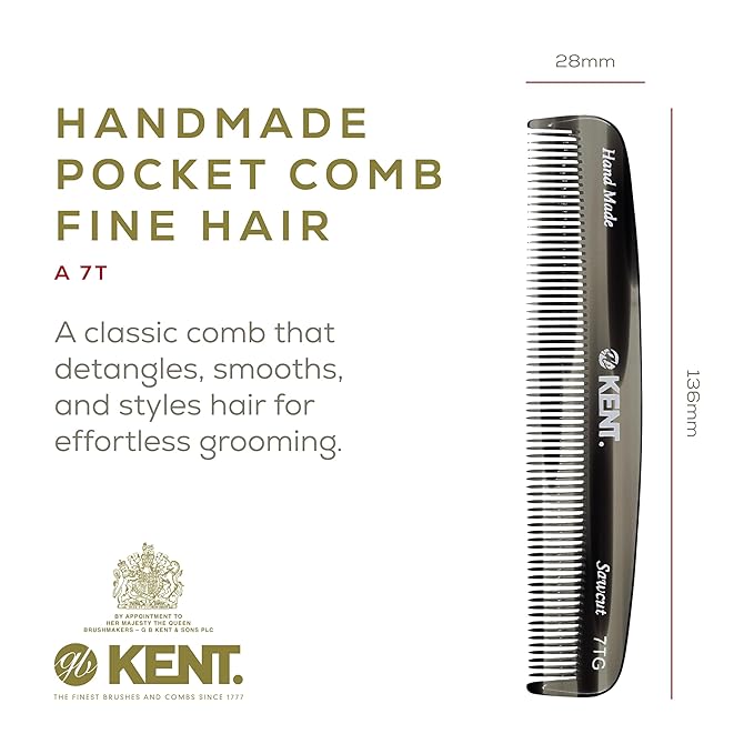 Kent 7T G All Fine Tooth Pocket Comb - Handmade Grooming Comb for Styling, Travel, Mustache and Beard Care - Saw Cut and Hand Polished