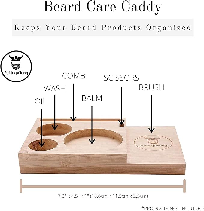 Striking Viking Bamboo Beard Kit for Men - 7.3 in x 4.5 in x 1 in - Portable Grooming Caddy Organizer for Beard Balm & Oil Products - With Scissors & Comb Brush Holder