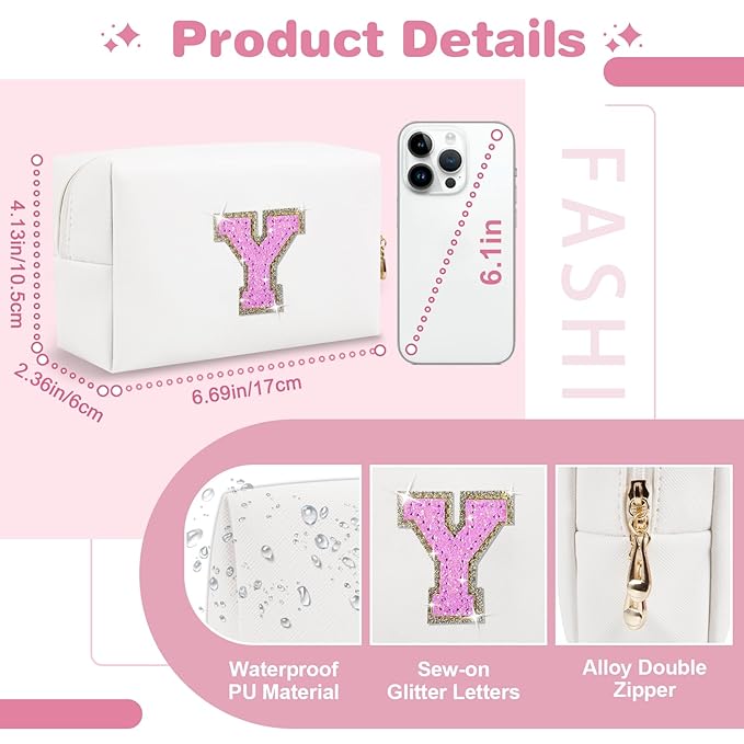 Small Initial Patch Makeup Bag Personalized Gifts Make Up Bag,White Cute PU Leather Glitter Letter Cosmetic Bag with Zipper,Trendy Portable Travel Toiletry Pouch,Preppy Stuff for Teen Girls Women Y