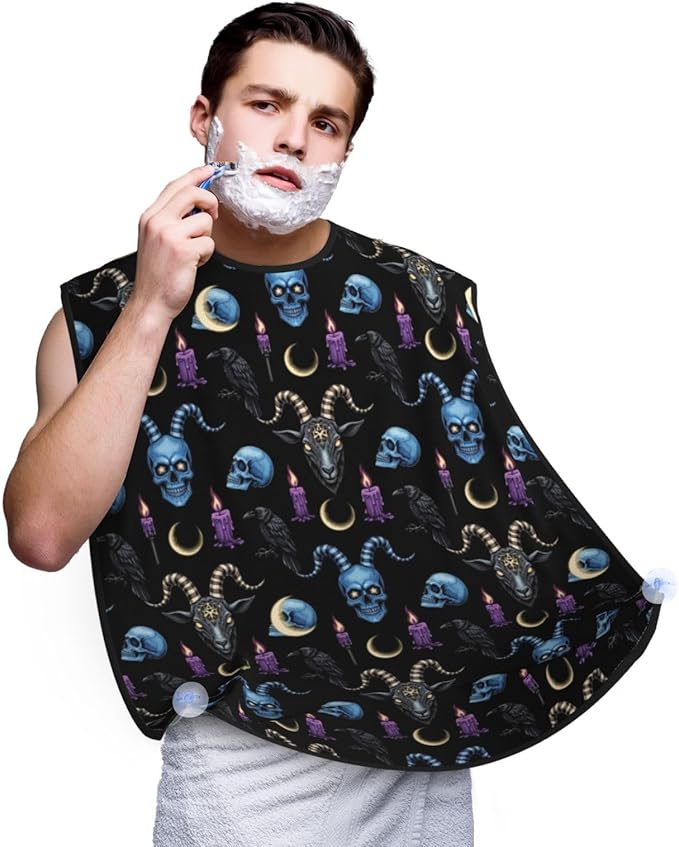 Beard Hair Catcher for Men, Waterproof Shaving Bib Apron Non-Stick, Trimming Tool for Dad Husband, Goth Raven Skull Goat Shave Bib