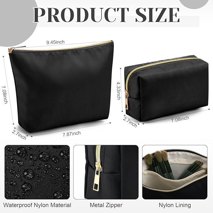 Kigeli 2 Pcs Nylon Makeup Bag Set for Women Wedding Favors Cosmetic Bag with Interior Pockets Preppy Cute Purse Pouch Pencil Case Makeup Brushes Storage Organizer for Travel Toiletry Bags(Black)