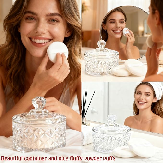 Large Body Powder Puff and Container - 2 Powder Puffs for Women Bath and Face Dusting Powder, Makeup Setting Powder Applicator for Talcum or Loose Powder (White)