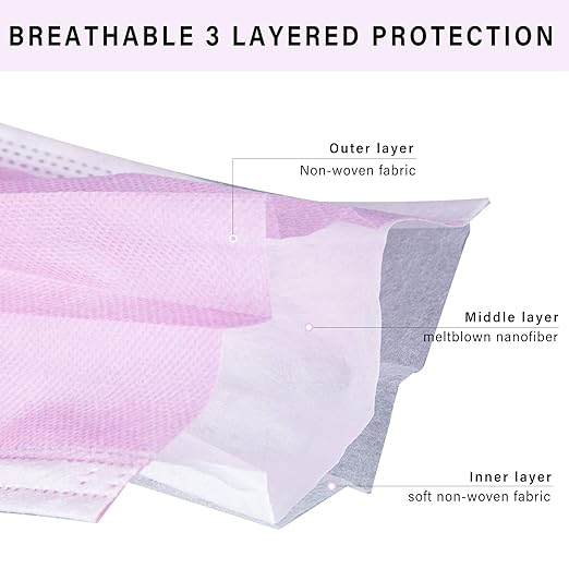 Borje Pink Disposable Face Mask 100 Pcs Pink Face Masks 3 Ply Protection Masks