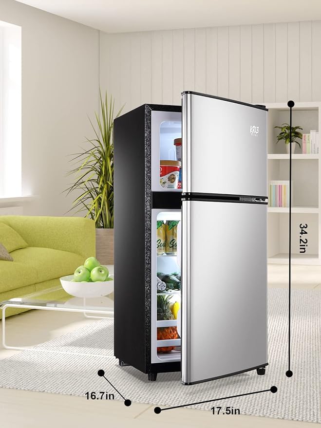 Mini Fridge With Freezer,3.5 Cu. Ft Compact Refrigerator With 2 Doors,7- Level Adjustable Thermostat, Removable Glass Shelves For Bedroom, Office, Kitchen, Apartment, Dorm, Silver