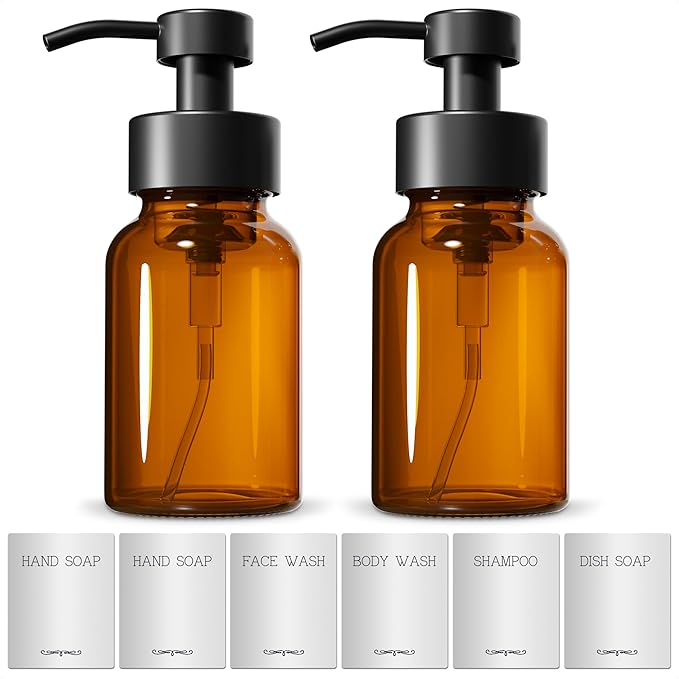 2 Pcs Amber Foaming Soap Dispenser Glass - 8.5 Oz Stylish Foam Pump Bottle for Bathroom or Kitchen Use - Compatible with Hand Wash, Dish Liquid, Shampoo and Gel | Non-Slip Bottom, 6 Label Stickers