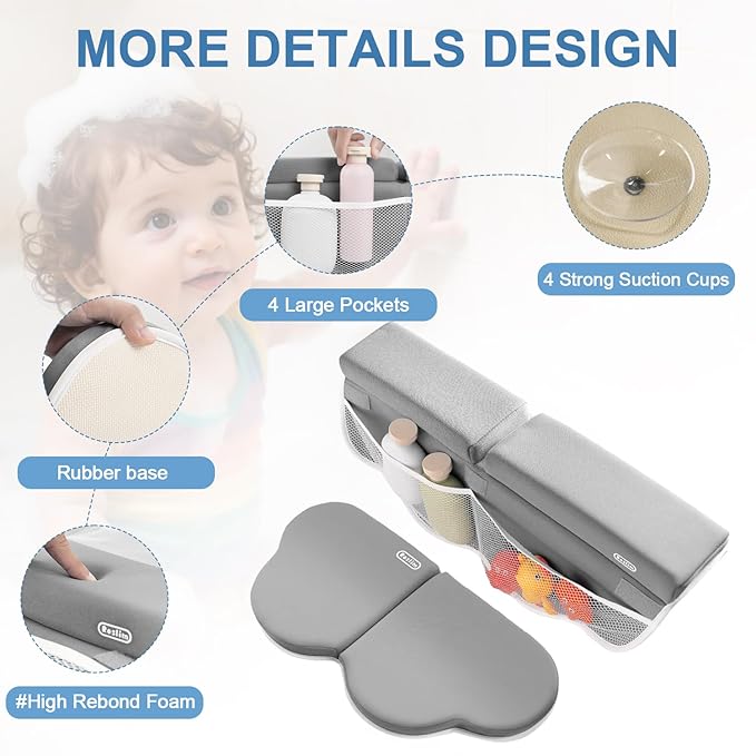 Roslim Bath Kneeler and Elbow Rest Pad Set - Quick Dry Soft Bath Mat Bundle - Non-Slip Durable Foam Kneeling Pads for Bathing, Tub Arm Rest with Toy Storage Pockets - Machine Washable, Grey