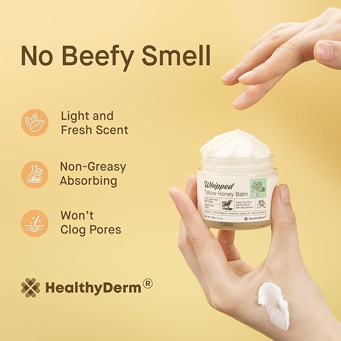 Beef Tallow Honey Balm for Skin: 100% Grass Fed Organic Moisturizer with Organic Raw Honey, Jojoba Oil, Vitamin E – Natural Face and Body Care for Mature, Dry or Sensitive Skin, 2oz, Pack of 2