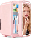 Enventor Mini Skincare Fridge Small Refrigerator for Bedroom, Beauty Fridge for Makeup with Dimmable LED Mirror, 6 L / 8 Cans Compact Portable Cooler for College Dorm, Office, Car, Pink