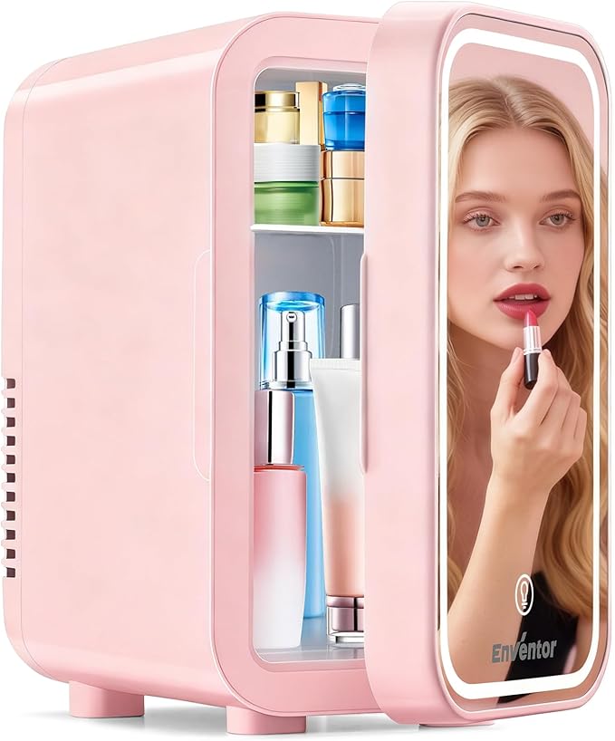 Enventor Mini Skincare Fridge Small Refrigerator for Bedroom, Beauty Fridge for Makeup with Dimmable LED Mirror, 6 L / 8 Cans Compact Portable Cooler for College Dorm, Office, Car, Pink
