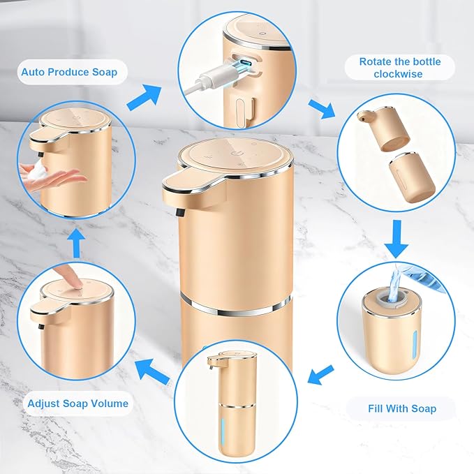 Automatic Foaming Soap Dispenser - Hand Free Pump Touchless Soap Dispenser USB Rechargeable Dispenser with 380ml, 4levels Adjustable Dispenser for Bathroom Kitchen