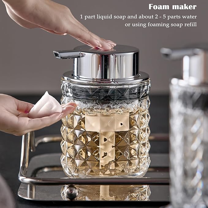 Foaming Hand Soap Dispenser, Glass Foam Soap Dispenser or Lotion Dispenser for Kitchen & Bathroom Refillable Clear Glass Liquid soap Dispenser with Large Silver Pump-1 Pack