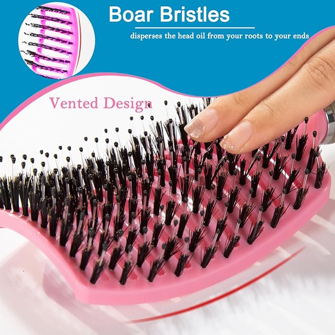 Boar Bristle Hair Brush Set - Dry/Wet Hair Brush Detangler for Fine, Thick, Curly Hair - Curved and Vented Brush for Women, Men or Kids (Rose Red & Apricot Pink)