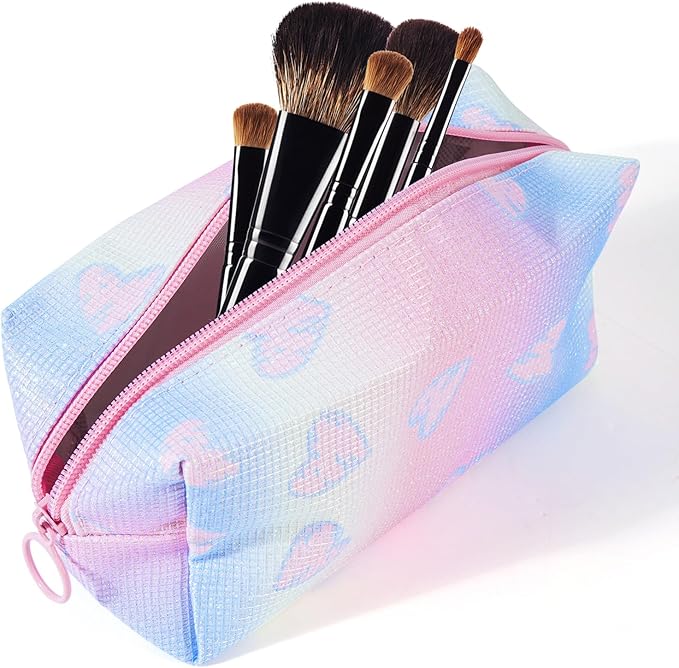 Makeup Bag, Portable Makeup Brush Pouch, Shiny Cool Heart Pattern Makeup Organizer Case for Women, Small