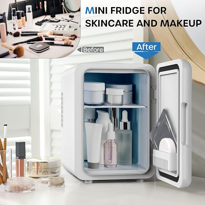 Ecowell WRE100 Mini Bedroom, 4L/6 Can Skincare Fridge, AC/DC Portable Compact Small Refrigerator for Office Dorm Car Desk for Skin Care Makeup Cosmetic, White