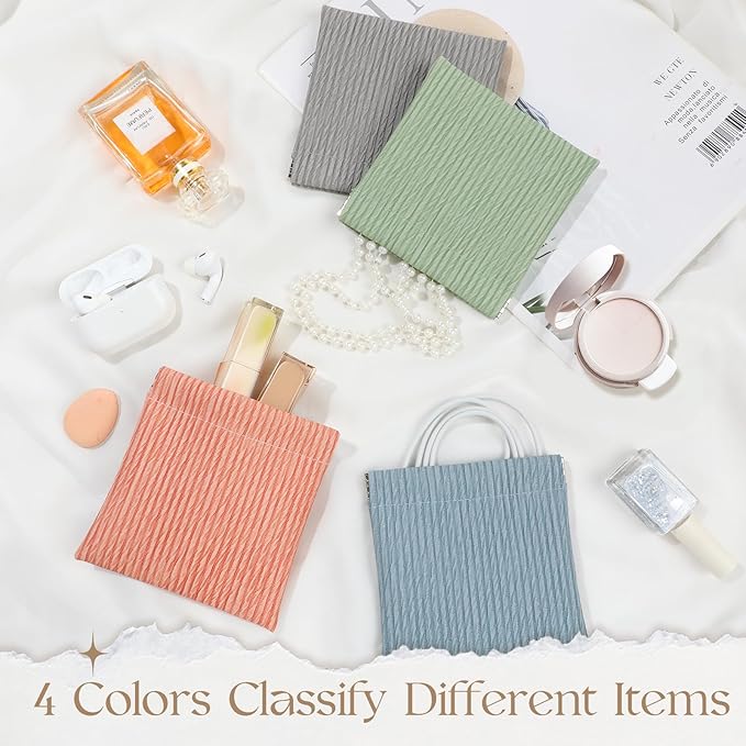 ISKYBOB 4Pcs Small Makeup Bag for Purse, 4.7in Pocket Cosmetic Bag Organizer, Waterproof PU Leather Pouches for Purse, Portable Squeeze Coin Purse for Women Mini Travel Jewelry Storage Pouch, Embossed