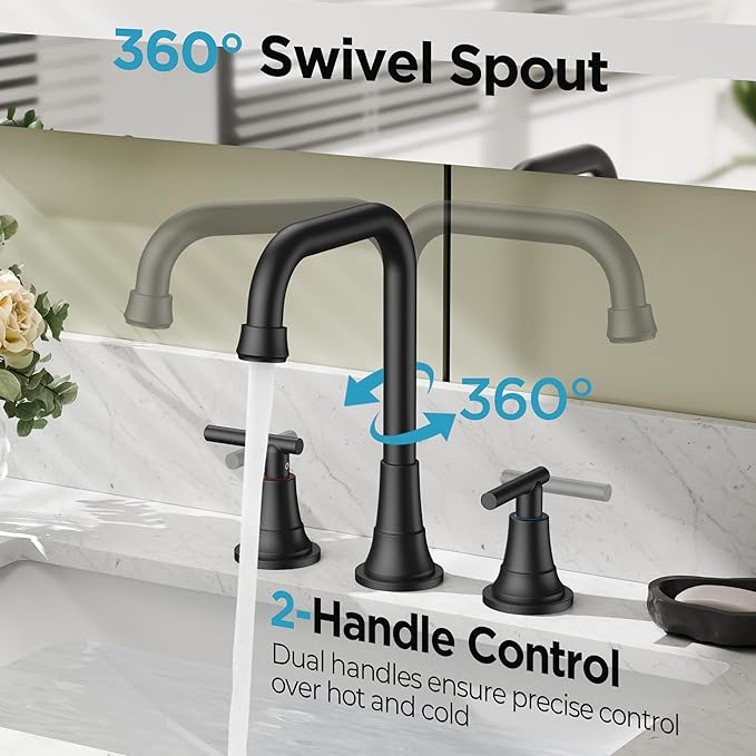FORIOUS Black Bathroom Faucet for Sink 3 Hole,Widespread Matte Black Bathroom Sink Faucets,2 Handles RV Bathroom Faucets Vanity with Pop Up Drain and Supply Hoses