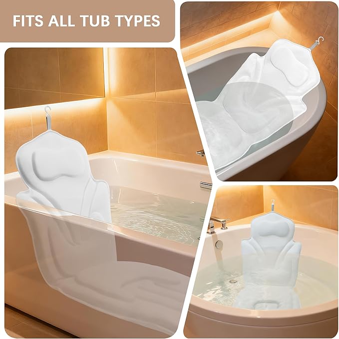 Ergonomic Full Body Bath Pillow for Bathtub, 5D Luxury Spa Cushion with 114 Non-Slip Suction Cups, Extra Long Thick Bath Pillow for Full Body Support, for Adult with Laundry Bag & Hook (Grey) (White)