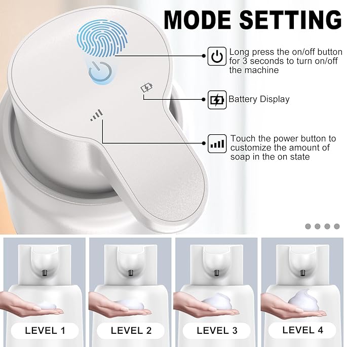 Automatic Foaming Soap Dispenser 15oz/420ml Foaming Hand Sanitizer Touchless Wall Mount with 4levels Adjustable Free Touch Electric Soap Dispenser Rechargeable with Sensor(White)