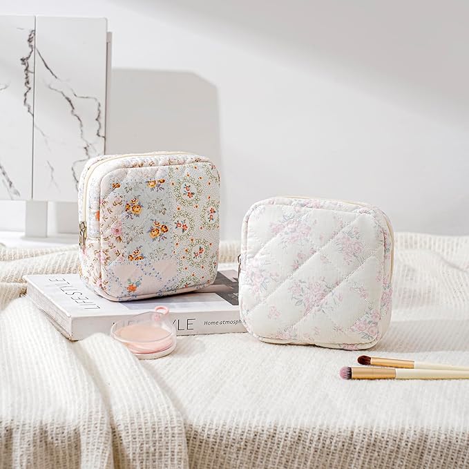 Small Quilted Cosmetic Pouch for Purse, Mini Cotton Makeup Bag with Compartments, Cute Zipper Lipstick Holder for Women (14Mixed Flowers)
