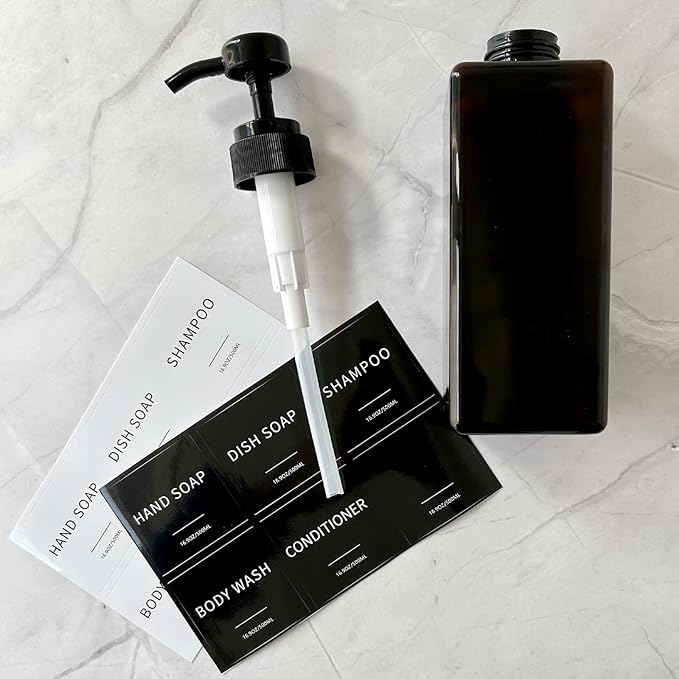 Soap Dispenser with Waterproof Labels, Thickened Plastic Hand Soap Dispenser for Bathroom, Kitchen Dish Washing Liquid Bottles, Shampoo and Conditioner Bottles with Funnel (16oz 4Pack Black White)