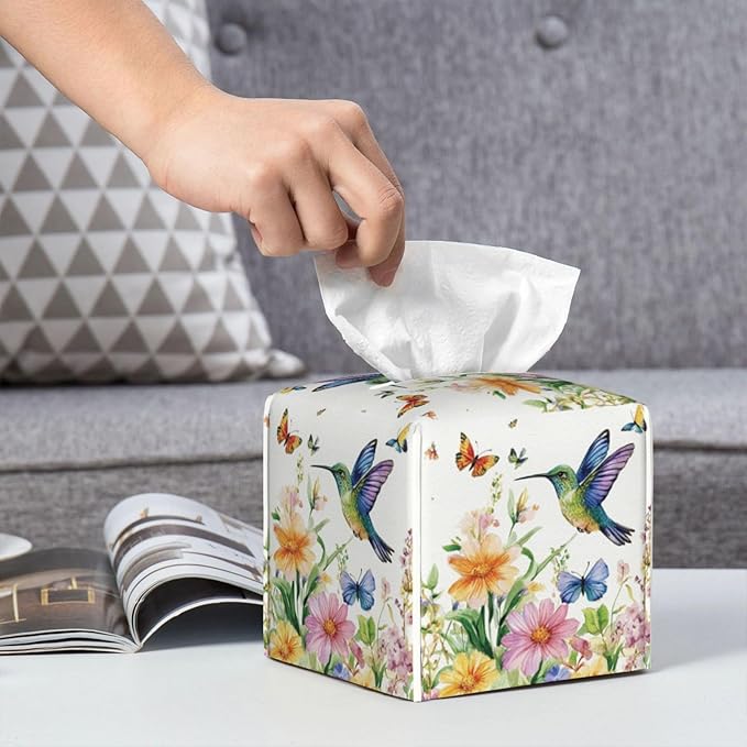 Spring Floral Hummingbird Tissue Box Cover Wild Flowers Florals Butterfly Square Leather Tissue Holder Decorative Facial Tissue Cube Paper Cover Case Organizer for Bathroom Night Stands Desk Home