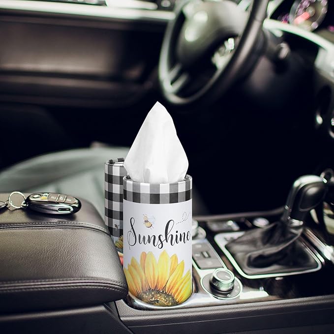 12 Pack Sunflower Tissue Boxes for Car Cylinder Bulk Black White Plaid Flower Round Cylinder Holder with 3 Ply Facial Tissues for Spring Summer Travel Bathroom Office Decoration