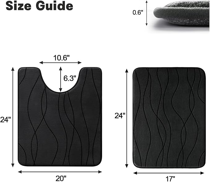 YIHOUSE Memory Foam Black Bathroom Rug Sets 2 Piece, Ultra Absorbent Bath Mat for Bathroom - Non-Slip Machine Washable & Dry Quickly, 2 Piece Bathroom Mat Set, Black