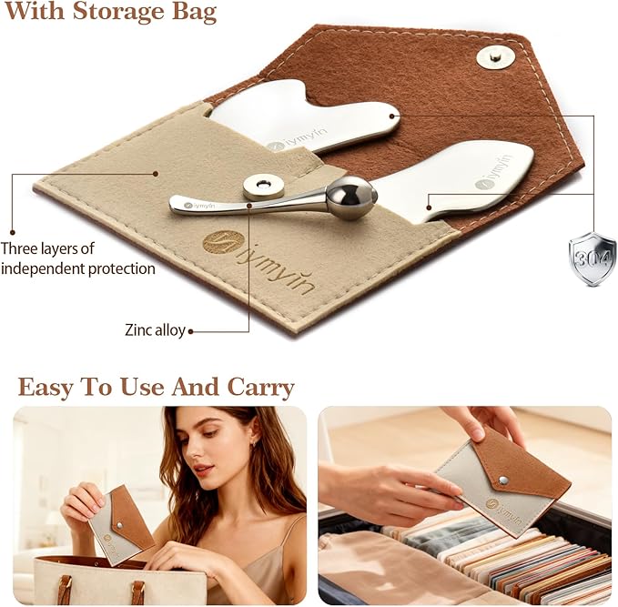3 in 1 Stainless Steel Gua Sha Tools with Cold Therapy, Face and Body Skin Massage, Facial Scraping Tools for Jaw Lift Massager, Puffiness Reduction, Lymphatic Drainage & Skin Tightening,Gift-for Her