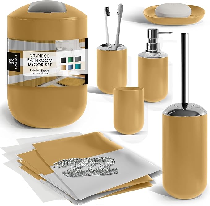 Clara Clark Bathroom Set - Gold Bathroom Accessories Set, 20PC Bathroom Accessory Set, Shower Curtain Set with Liner, Toothbrush Holder, Soap Dispenser, Soap Dish, Toilet Brush Holder, and Trash Can