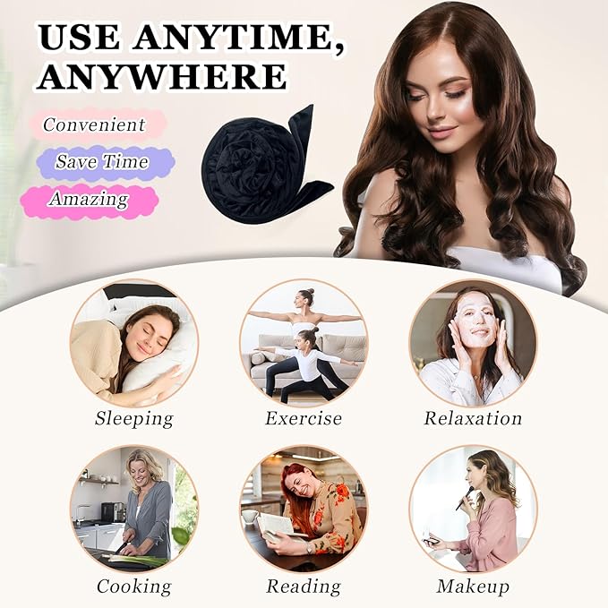No Heat Hair Curlers Overnight Curls Headband - 70" Soft Ribbon Curl Wrap for Long Hair, 9 PCS Curling Rod Set with Bonnet - Black