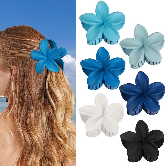 Flower Hair Clips 6 PCS Hawaiian Claw Clips for Vacation Hibiscus Hair Claw Cute Large Hair Clips for Thick and Thin Hair Plumeria Hair Accessories for Women Girls -Blue