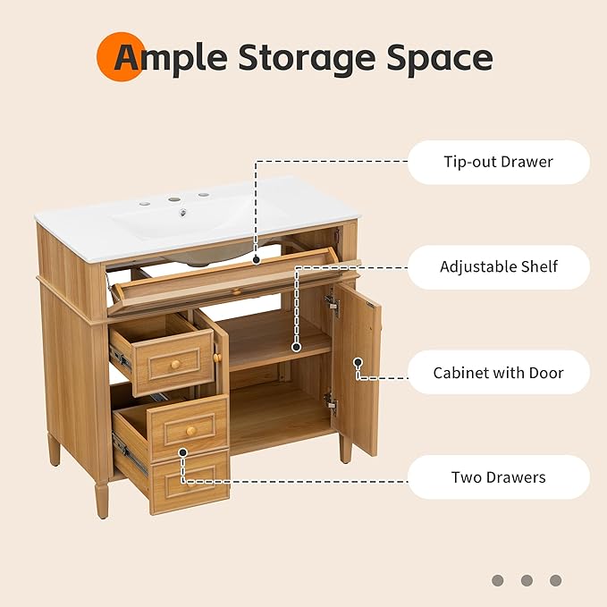 Harper & Bright Designs 36" Bathroom Vanity with Sink, Free Standing Single Basin Vanity Set with Tip-Out Drawer, 2 Drawers, and 2 Doors, Wood Bathroom Cabinet with Ceramic Basin for Bathroom, Wood