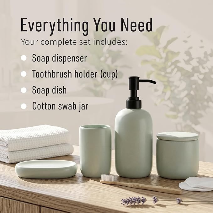 Ceramic Bathroom Accessories Set 4 Pcs – Modern Scandinavian Neutral Bathroom Soap Dispenser Set with Toothbrush Holder, Soap Dish & Cup – Minimalist Bathroom Accessory Set Decor - Sage Green