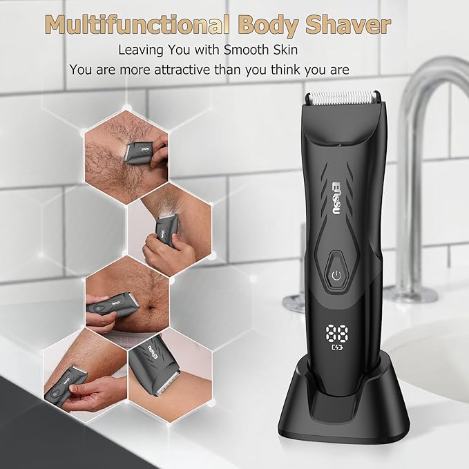 Manscape Body Hair Trimmer for Men, Pubic Groin Hair Trimmer for Men with Safe Blade, Cordless Ball Shaver w/Light, Charging Dock, Waterproof Body Groomer, LED Display, 1H Charge,Black