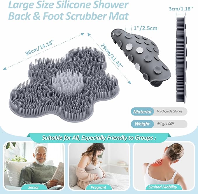New Silicone Shower Foot Scrubber Mat, Large Wall-Mounted Back Scrubber Back Washer with Long Bristles & Powerful Suction Cups, Easy to Clean Exfoliate and Massage Without Bending(Gray)