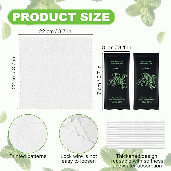 Moist Cotton Towel Bulk Moist Towelettes Individually Wrapped 8.7" x 8.7",White Towel Services,Refreshment Pre Moistened Towels for Travel Sport Party Spa Dentist (1 Count (Pack of 50), Mint)